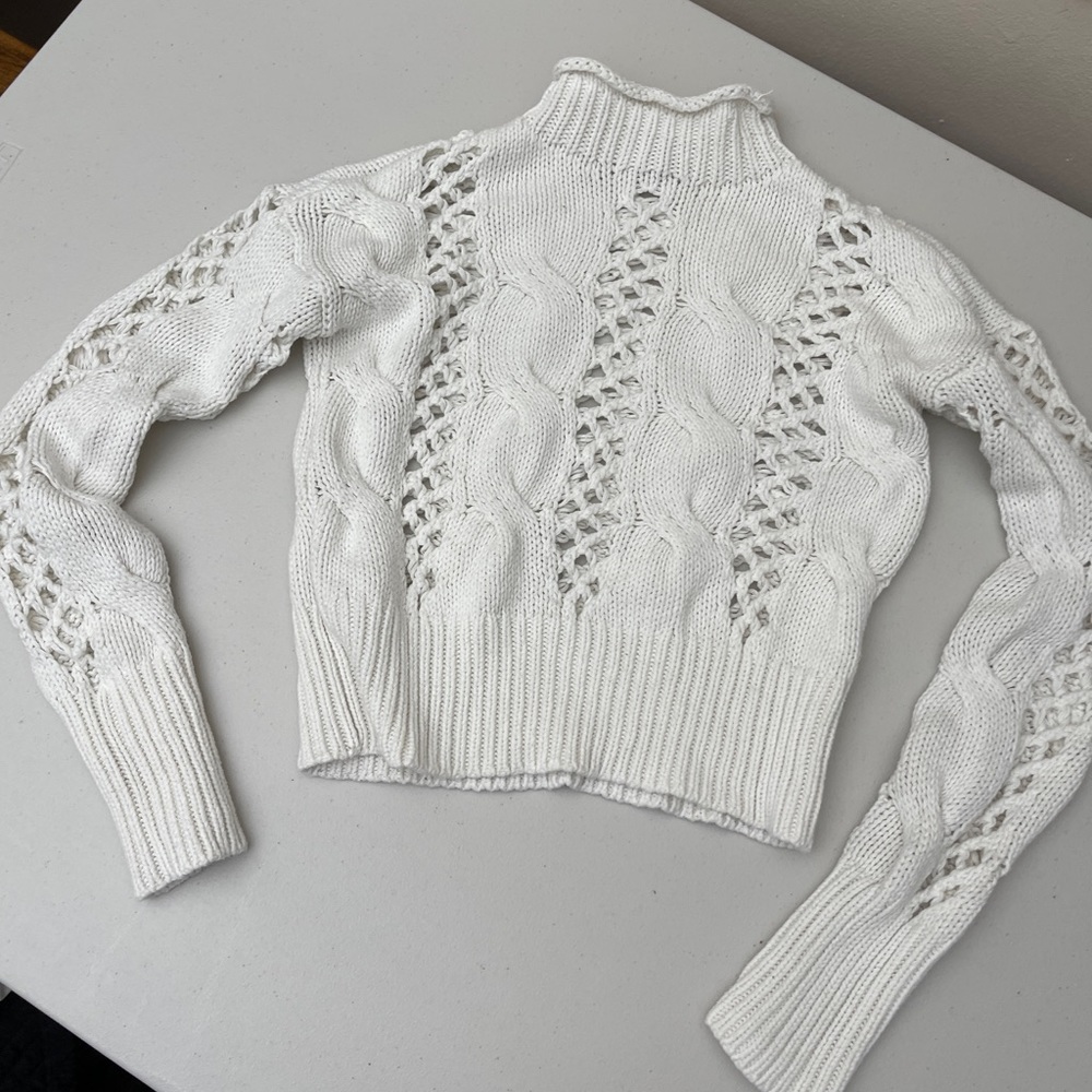 Express Cutout turtleneck knitted cable sweater white size XS cotton